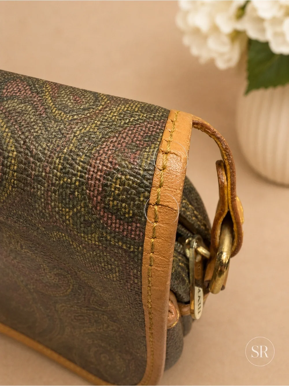 Sold VTG Pierre Balmain Paisley Canvas Leather Trim Crossbody Shoulder Bag